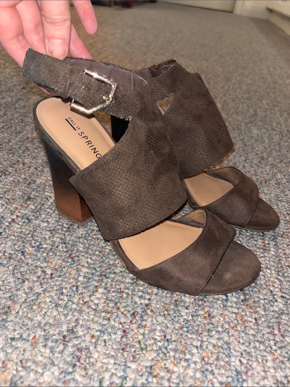 Call It Spring Dark Brown Suede Block Heel Sandals